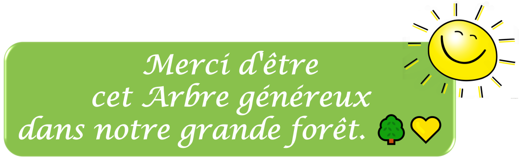 Bannière verte Merci d'être cet Arbre généreux dans notre grande forêt avec soleil souriant icône arbre et coeur