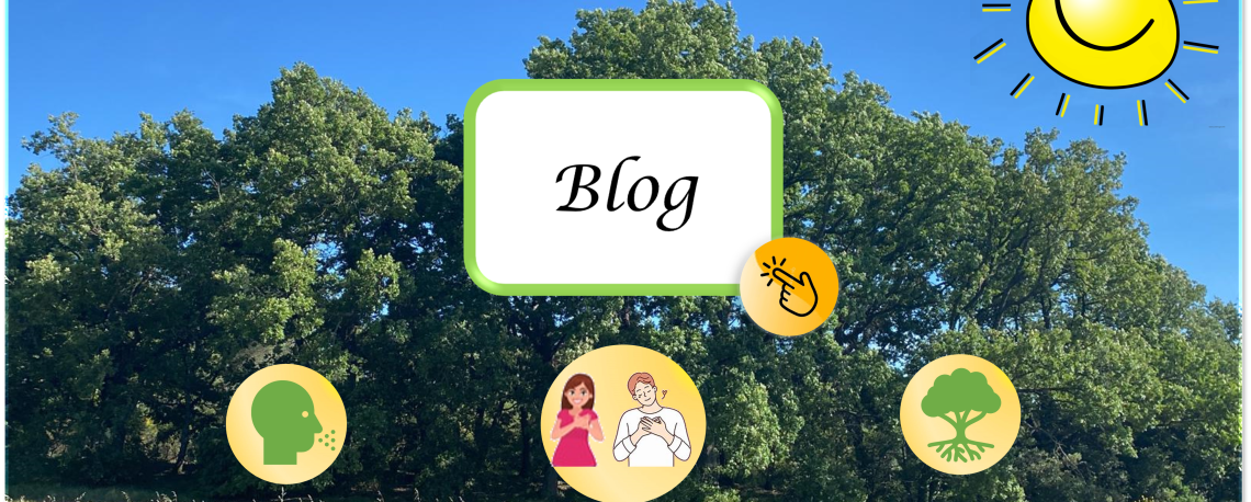 Paysage de nature en Provence avec grands chênes verts et ciel bleu, illustration de la page Blog de L'Art du Bonheur avec icônes de respiration consciente, gratitude et enracinement