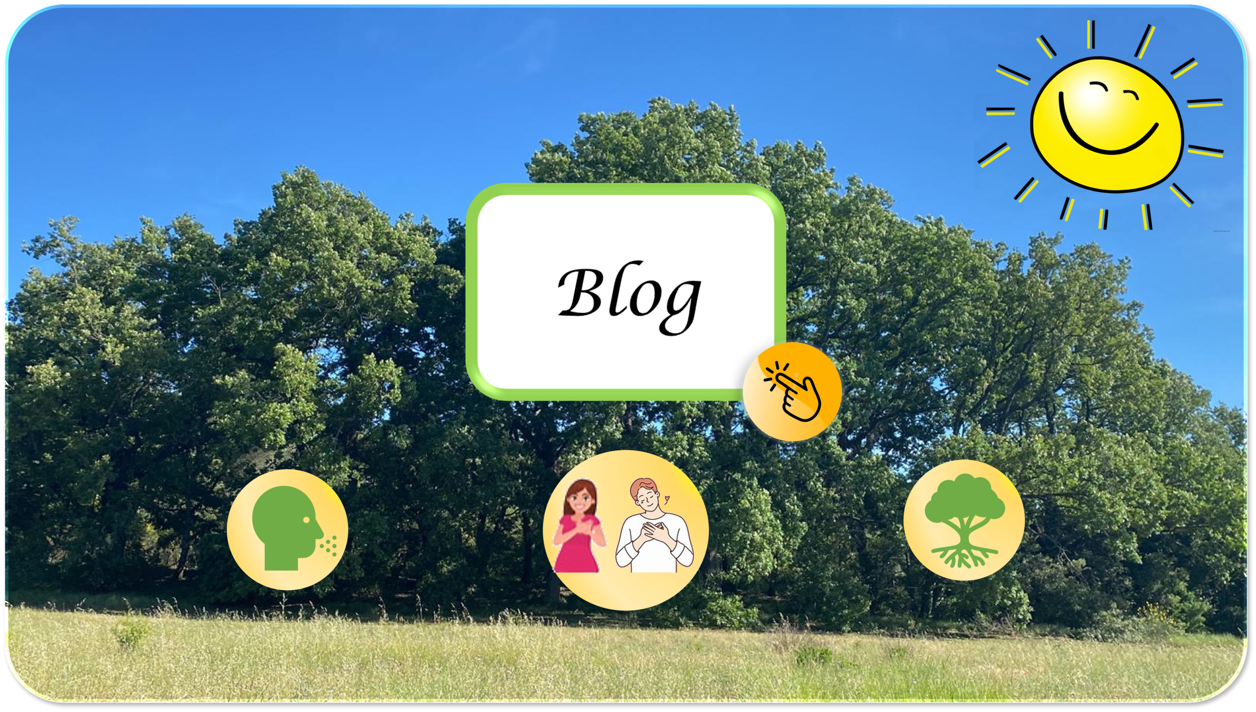 Paysage de nature en Provence avec grands chênes verts et ciel bleu, illustration de la page Blog de L'Art du Bonheur avec icônes de respiration consciente, gratitude et enracinement