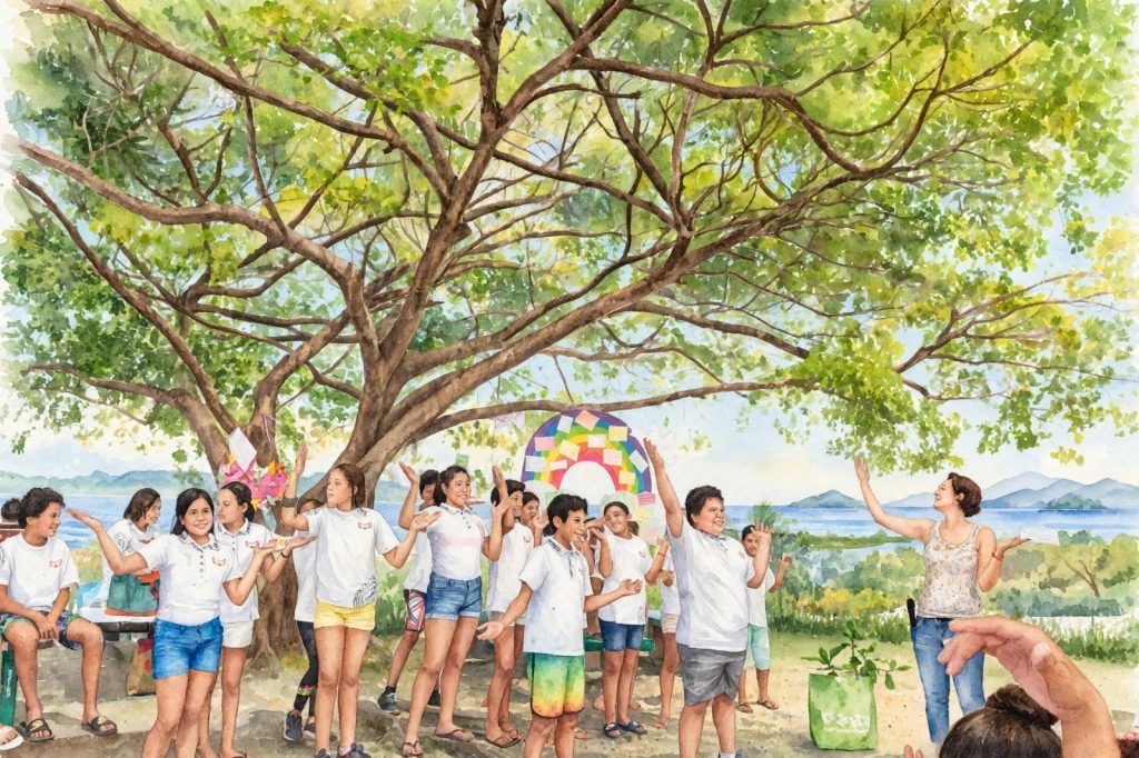 Enfants en t-shirts blancs pratiquant le rituel Cultiver la Joie sous un grand arbre en Polynésie, bras levés vers le ciel, arc-en-ciel des bonheurs, aquarelle lumineuse - Programme International Je donne et Je rayonne - Les Arbres du Bonheur