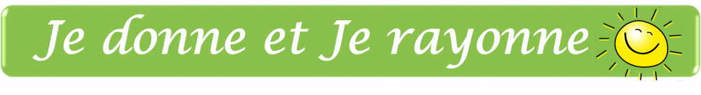 Bannière verte avec texte Je donne et Je rayonne et petit soleil jaune souriant