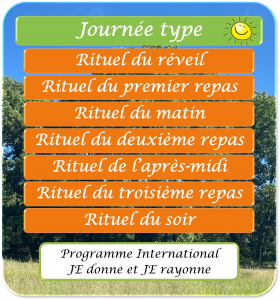 Journée type du programme JE donne et JE rayonne : rituel du réveil, premier repas, matin, deuxième repas, après-midi, troisième repas et soir