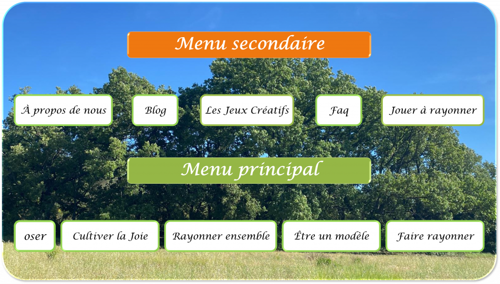 Maquette de la page Oser avec menu secondaire orange et menu principal vert sur fond de forêt de chênes et ciel bleu