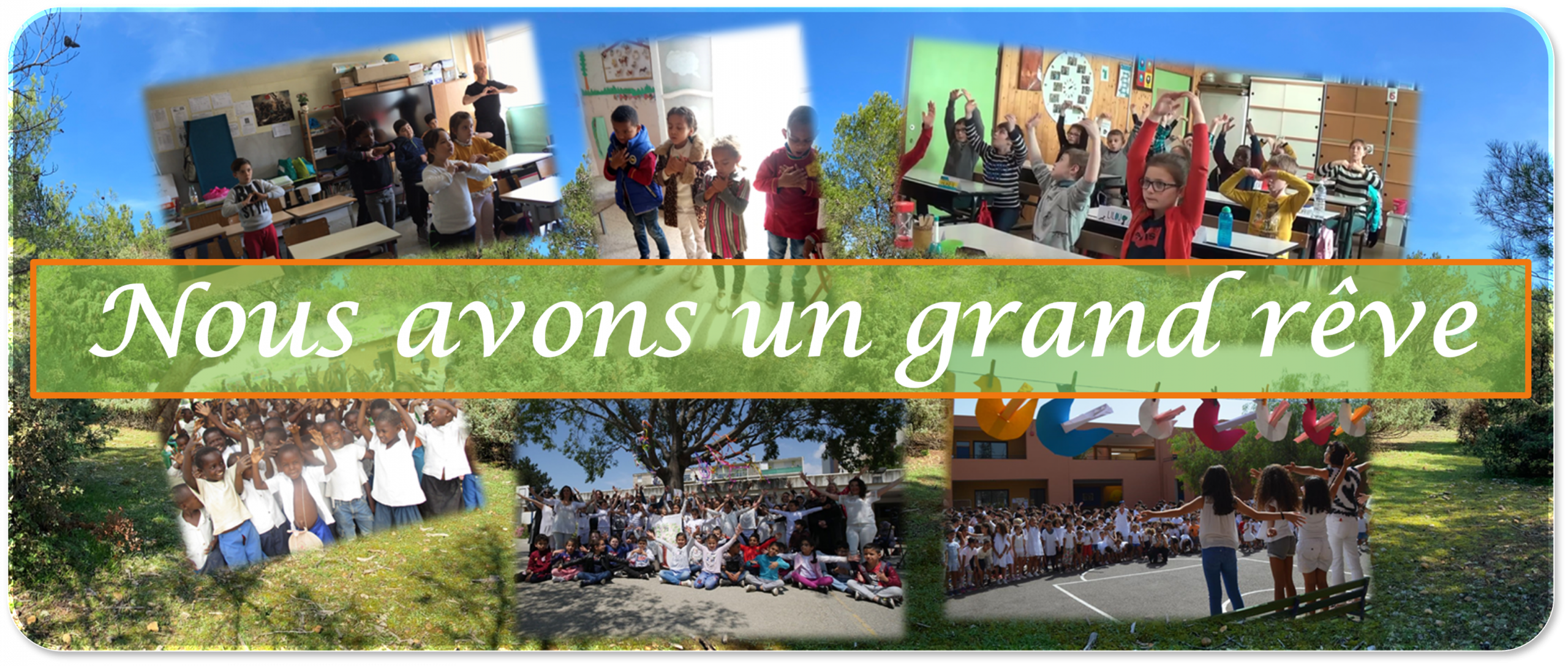 Collage d'enfants du monde qui partagent les rituels de joie avec au centre un bandeau vert Nous avons un grand rêve