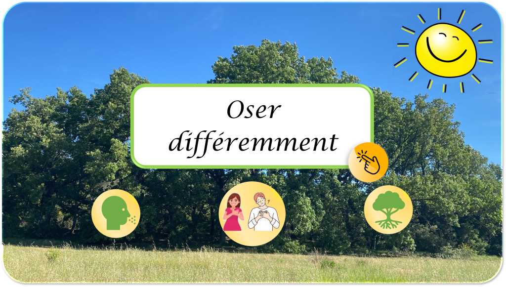 Illustration ensoleillée d'une clairière avec trois arbres verts stylisés, un soleil souriant et le texte Osez différemment
