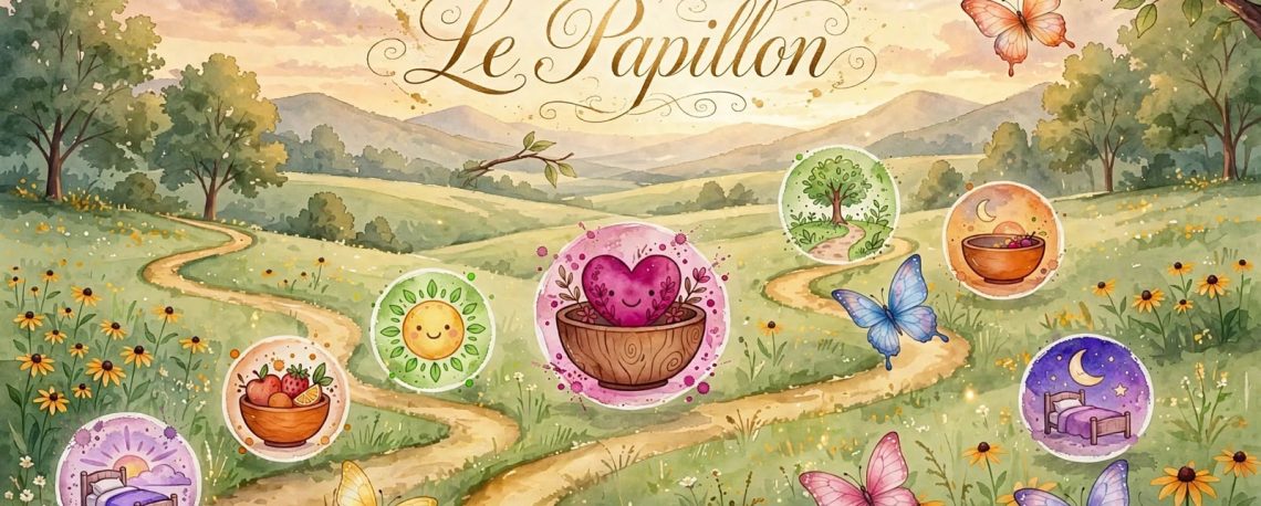 Illustration aquarelle douce du chemin des 7 rituels quotidiens pour TA Journée Type Le Papillon, avec 7 bols magiques le long d'un sentier fleuri dans la clairière des Arbres du Bonheur, entourés de papillons colorés rose, bleu et jaune