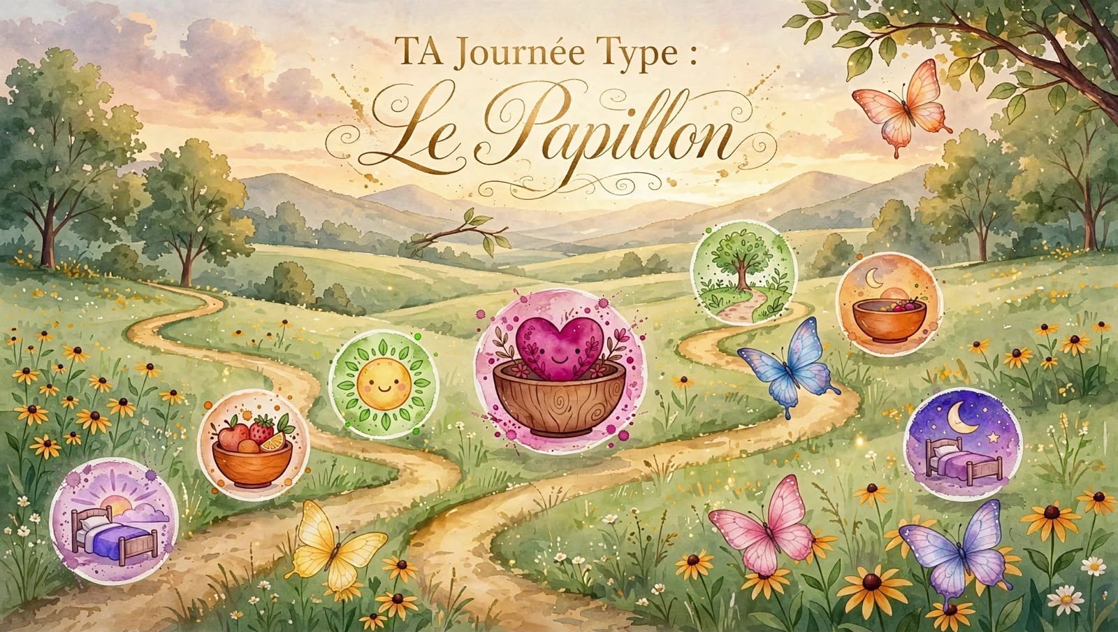 Illustration aquarelle douce du chemin des 7 rituels quotidiens pour TA Journée Type Le Papillon, avec 7 bols magiques le long d'un sentier fleuri dans la clairière des Arbres du Bonheur, entourés de papillons colorés rose, bleu et jaune
