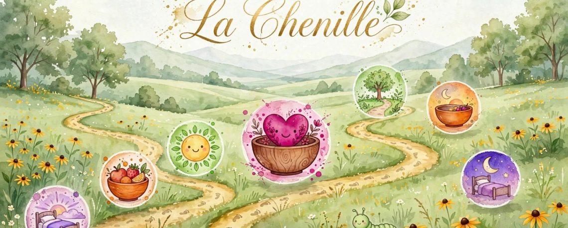 Illustration aquarelle TA Semaine Type 1 La Chenille des Arbres du Bonheur - chemin sinueux dans une prairie fleurie avec 7 icônes de rituels quotidiens : réveil, repas, soleil, coeur, matin, repas du soir et nuit, avec petite chenille verte qui explore