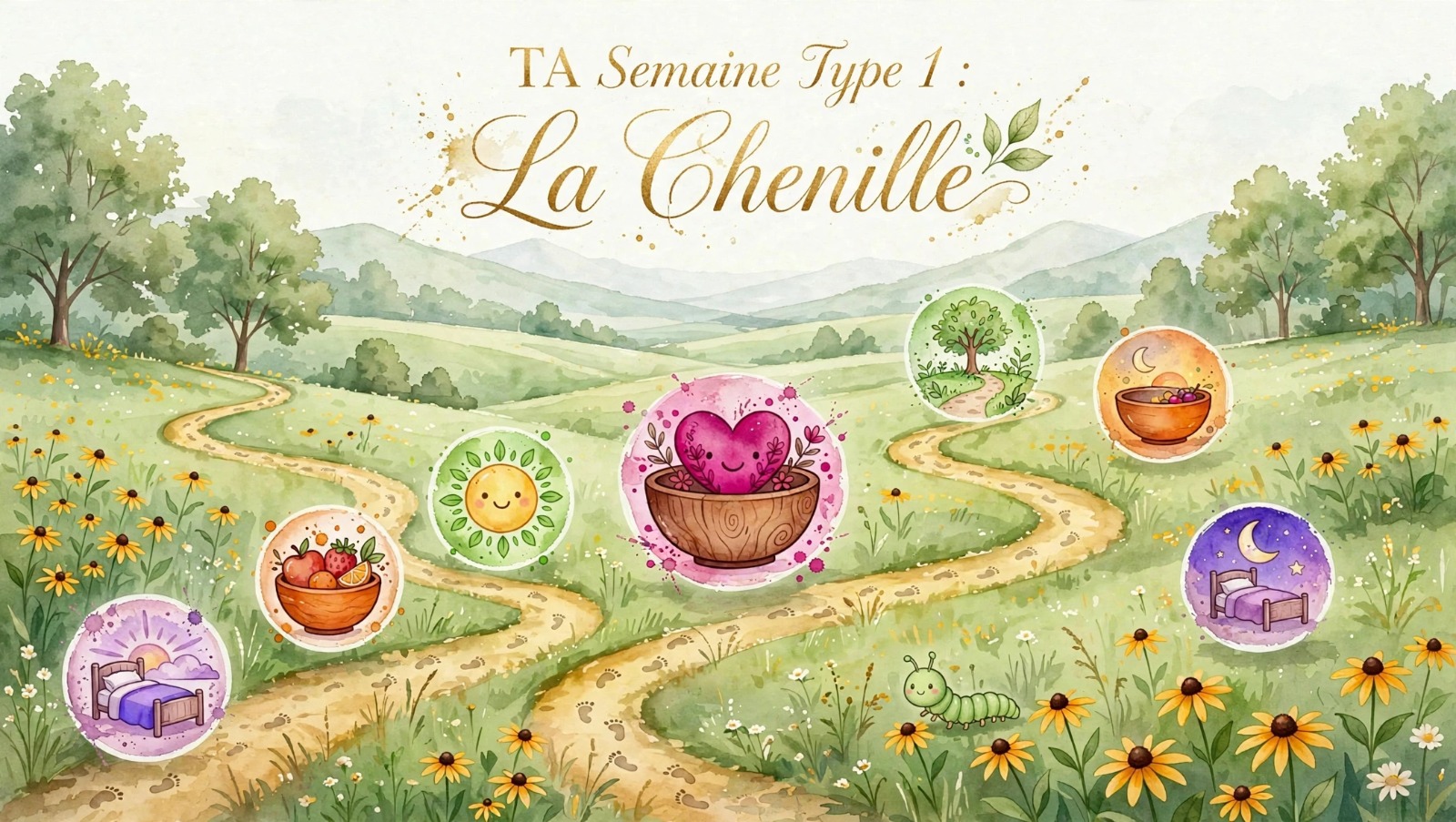 Illustration aquarelle TA Semaine Type 1 La Chenille des Arbres du Bonheur - chemin sinueux dans une prairie fleurie avec 7 icônes de rituels quotidiens : réveil, repas, soleil, coeur, matin, repas du soir et nuit, avec petite chenille verte qui explore