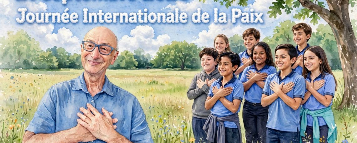 Max et les enfants du Costa Rica les mains sur le coeur dans un champ de chenes - Journee Internationale de la Paix 21 septembre 2026 - Arbres du Bonheur