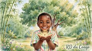 Aquarelle d'un petit garçon souriant de RD du Congo tenant une graine lumineuse qui brille dans ses mains, grand arbre du bonheur derrière lui, bambous et fleurs, illustration douce