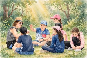 Enfants assis en cercle dans une clairière lumineuse autour d'un Arbre du Bonheur, partage dans la douceur - illustration aquarelle