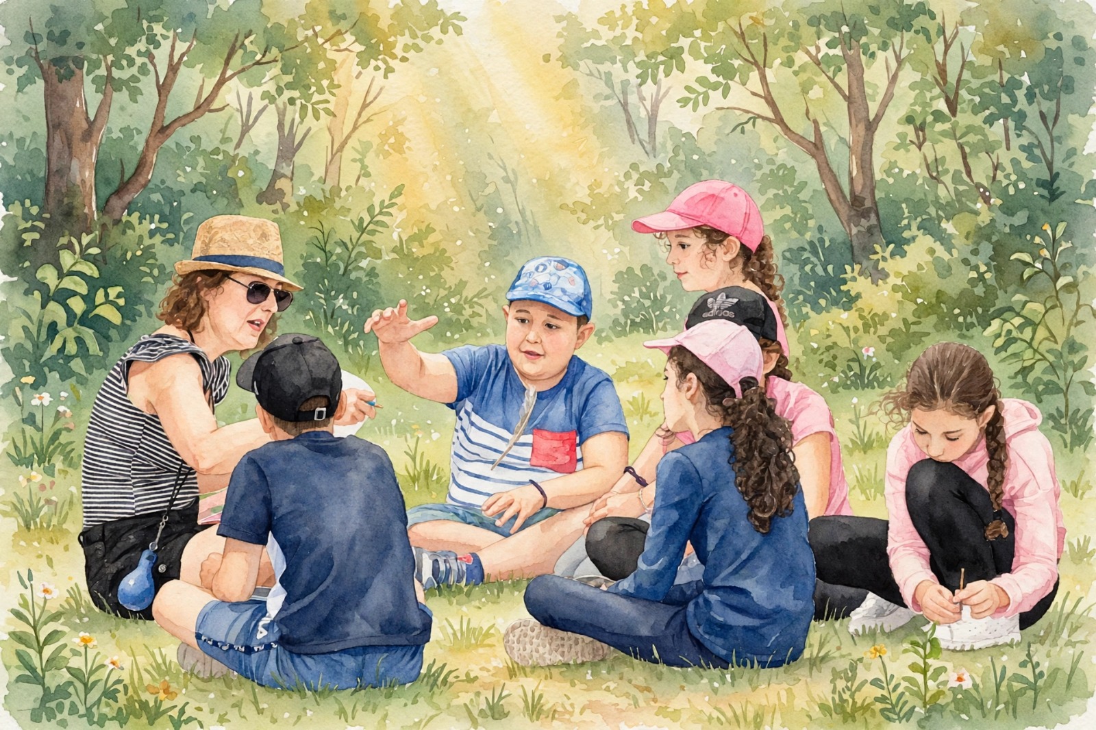 Enfants assis en cercle dans une clairière lumineuse autour d'un Arbre du Bonheur, partage dans la douceur - illustration aquarelle