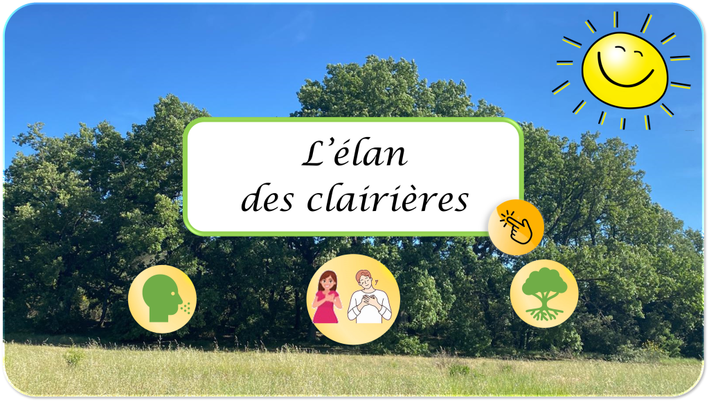 Bannière L'élan des clairières de la Forêt des Arbres du Bonheur, clairière ensoleillée avec soleil souriant, icônes respirer, mains sur le coeur et arbre enraciné