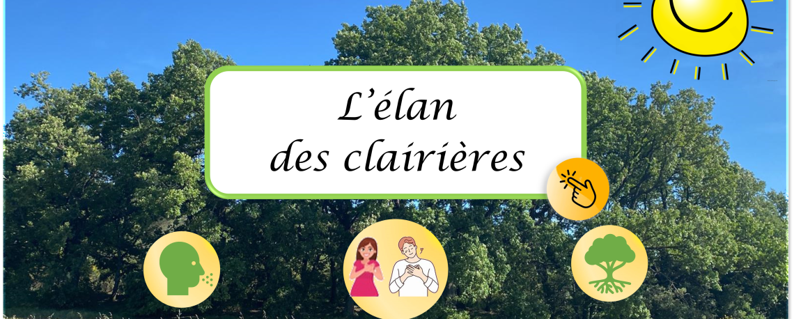 Bannière L'élan des clairières de la Forêt des Arbres du Bonheur, clairière ensoleillée avec soleil souriant, icônes respirer, mains sur le coeur et arbre enraciné