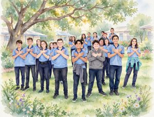Groupe d'élèves en polo bleu mains croisées sur le coeur sous un grand arbre dans une école, geste de gratitude et de paix, illustration aquarelle lumineuse pour la Journée Internationale de la Paix 21 septembre - Les Arbres du Bonheur