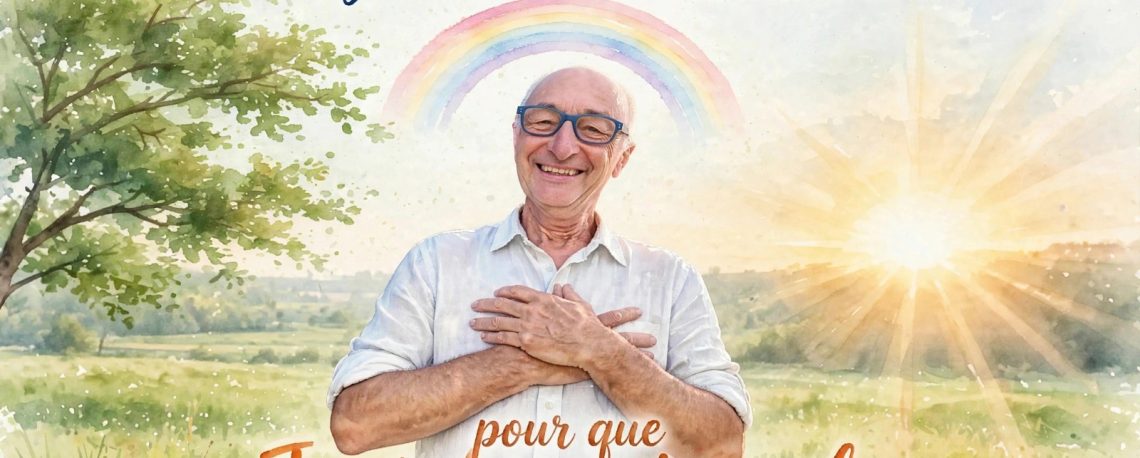 Homme de 63 ans chauve avec lunettes bleues, sourire joyeux, mains croisées sur le cœur, devant un paysage aquarelle avec arbre vert, arc-en-ciel et soleil levant - Je joue à récolter des dons pour que Joséphine s'envole