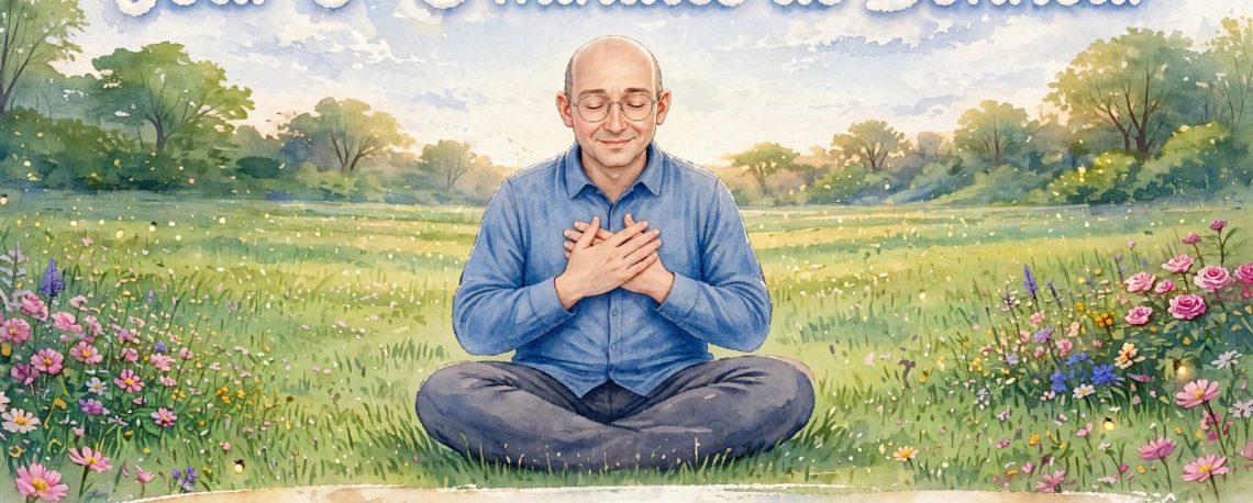 Homme en méditation les mains sur le coeur au milieu d'un pré fleuri, programme Jour 6 - 3 minutes de Bonheur des Arbres du Bonheur pour cultiver la joie