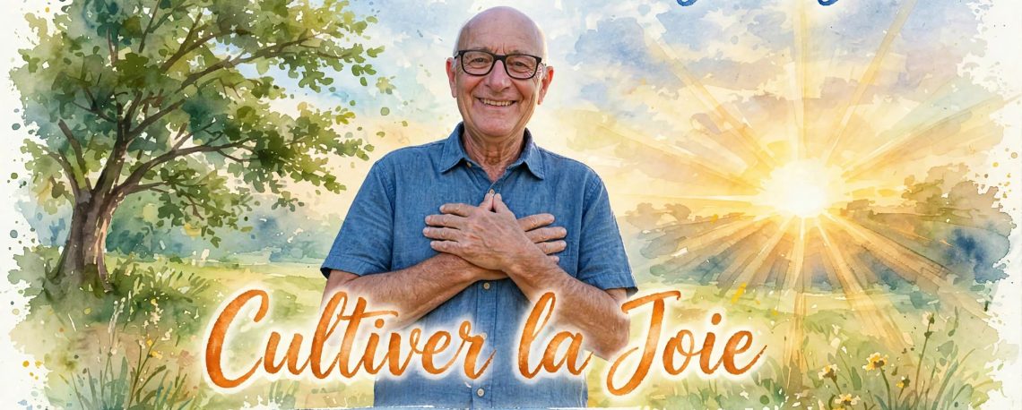 Homme souriant avec lunettes, mains sur le cœur, chemise bleu clair, rituel du matin pour cultiver la joie, soleil levant aquarelle, jour J-1