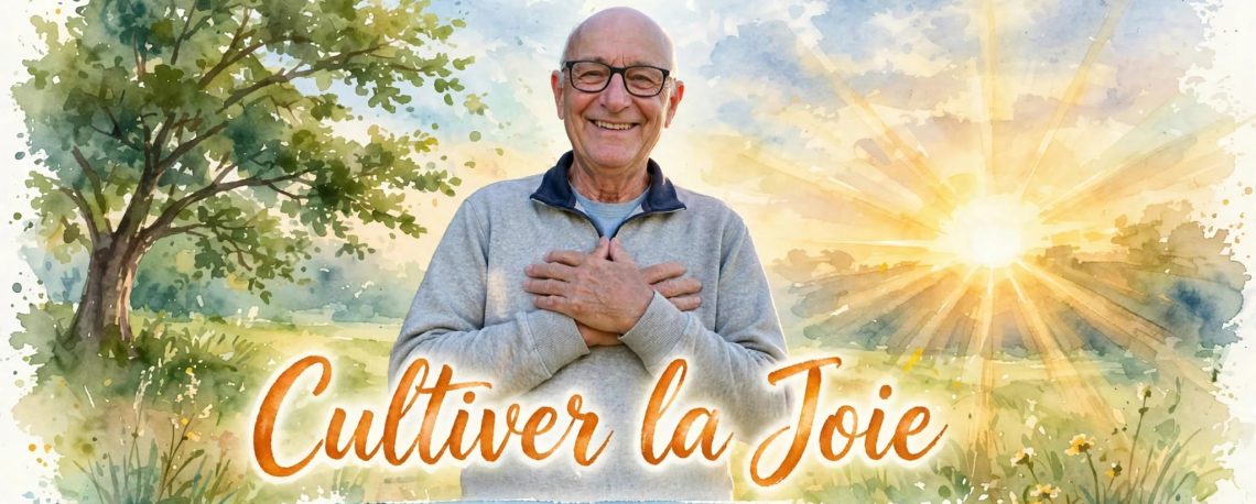 Homme chauve avec lunettes, pull gris mains croisées sur le cœur, sourire lumineux devant paysage aquarelle avec grand arbre et soleil levant - Jour J-2 Cultiver la Joie