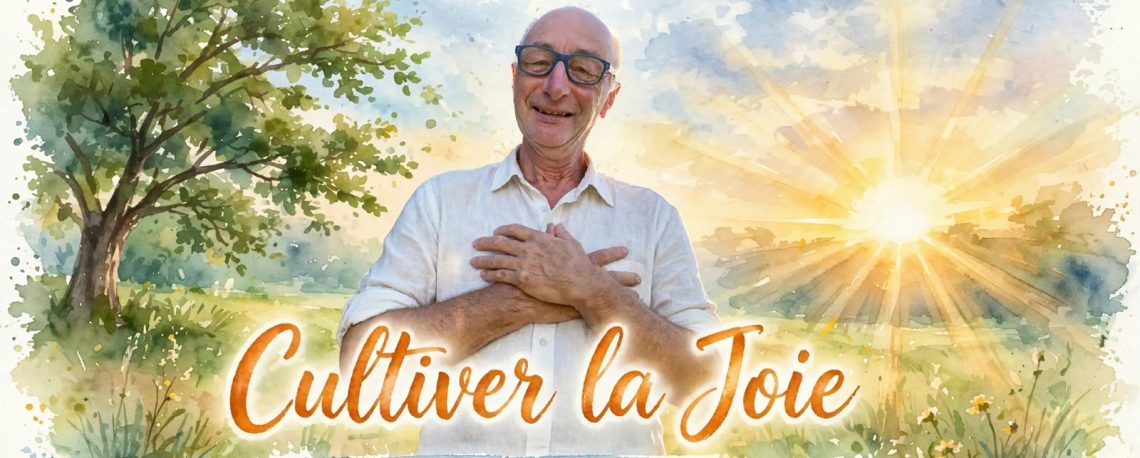 Homme souriant les mains sur le coeur devant un lever de soleil, aquarelle Jour J-3 Cultiver la Joie - ONG Les Arbres du Bonheur