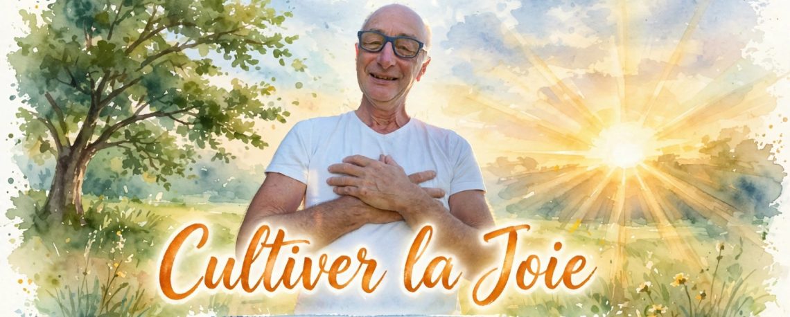 Max, fondateur des Arbres du Bonheur, sourit les mains sur le cœur dans un pré ensoleillé au lever du jour - vignette Jour J-4 Cultiver la Joie