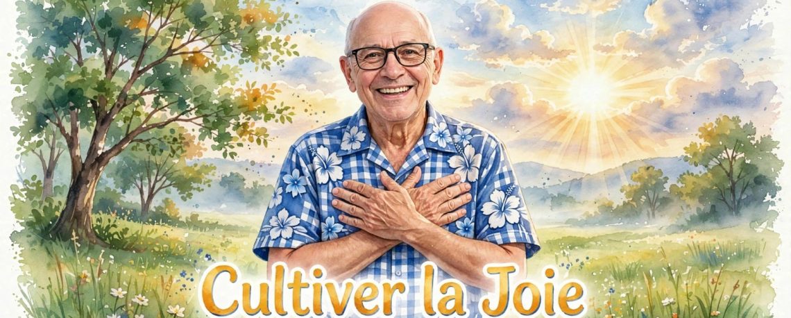 Homme chauve avec lunettes noires et chemise bleue à carreaux et fleurs blanches, mains croisées sur le coeur, sourire dans un pré au lever du soleil, aquarelle Jour J-5 Cultiver la Joie Les Arbres du Bonheur