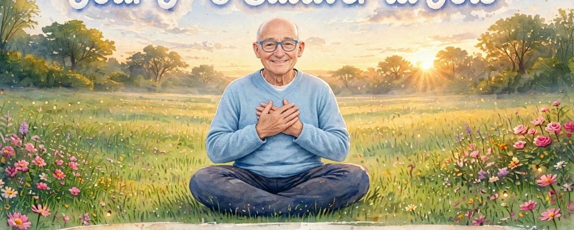 Homme en pull bleu clair assis en tailleur mains sur le coeur dans un champ fleuri au lever du soleil - Jour J-6 Cultiver la Joie - Arbres du Bonheur