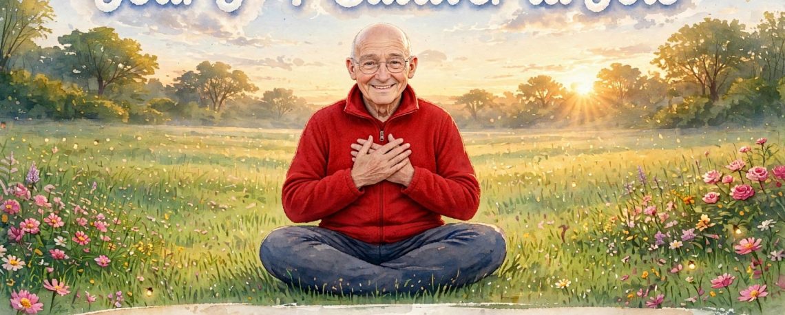 Max assis en tailleur dans un champ fleuri au lever du soleil, mains sur le cœur, en polaire rouge - Jour J-7 Cultiver la Joie
