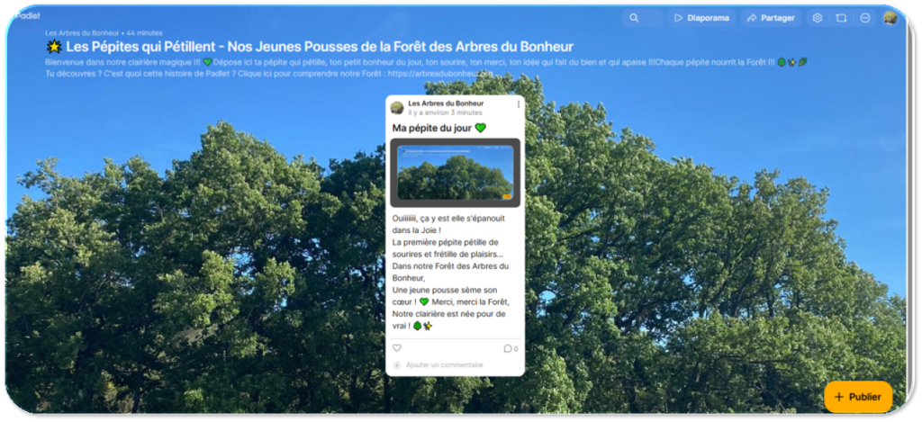 Capture d'écran du Padlet Les Pépites qui Pétillent de la Forêt des Arbres du Bonheur, montrant une publication Ma pépite du jour avec en arrière-plan une grande forêt verte sous un ciel bleu
