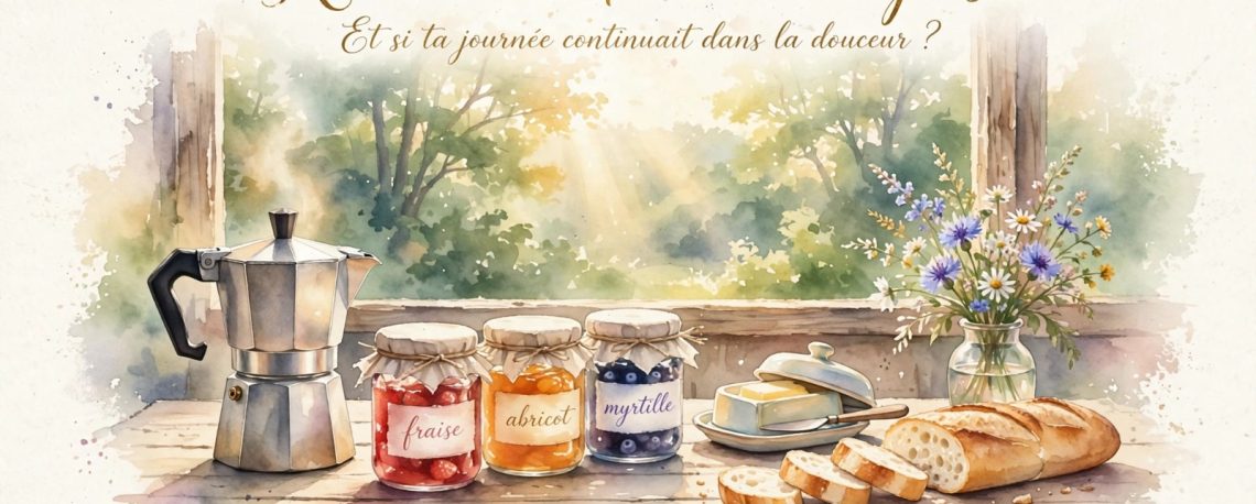Rituel du premier repas Arbres du Bonheur, petit déjeuner français avec cafetière italienne, pots confitures fraise abricot myrtille, baguette et beurre devant fenêtre sur forêt lumineuse