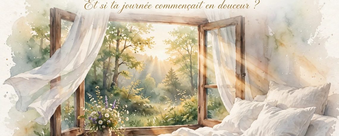 Rituel du Réveil Arbres du Bonheur, chambre lumineuse avec lit défait draps blancs et fenêtre ouverte sur clairière ensoleillée au lever du jour rideaux blancs au vent