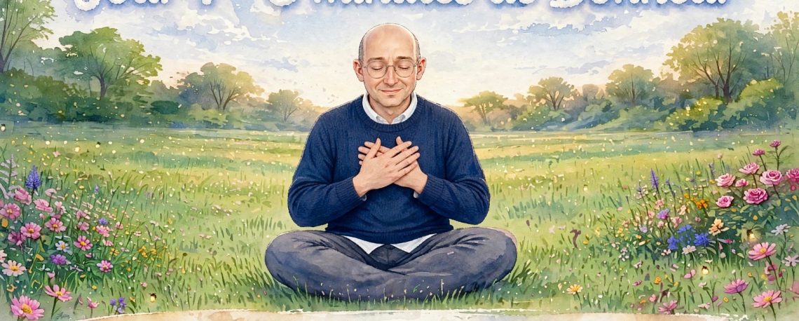 Max en pull bleu marine et chemise blanche méditant les mains sur le cœur dans un champ fleuri au lever du soleil - Jour 7 - 3 minutes de Bonheur - Graine de Joie