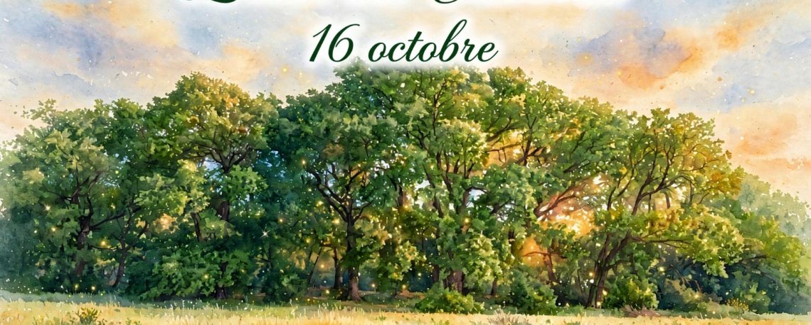 L'élan des Clairières du 16 octobre - clairière lumineuse au lever du soleil avec arbres verts et prairie fleurie - arbresdubonheur.org