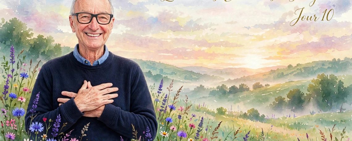 Homme souriant avec les mains sur le cœur, pull bleu marine et chemise bleue, dans une prairie fleurie en aquarelle au lever du soleil, ciel pastel merveilleux - L'élan des Clairières Imagine Jour 10 - 14 octobre - Les Arbres du Bonheur