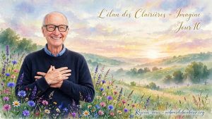 Homme souriant avec les mains sur le cœur, pull bleu marine et chemise bleue, dans une prairie fleurie en aquarelle au lever du soleil, ciel pastel merveilleux - L'élan des Clairières Imagine Jour 10 - 14 octobre - Les Arbres du Bonheur