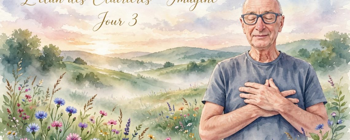 Homme méditant les mains sur le cœur au lever du soleil dans une prairie fleurie aquarelle - L'élan des Clairières Imagine Jour 3 par Maxime Lescuyer - Arbres du Bonheur