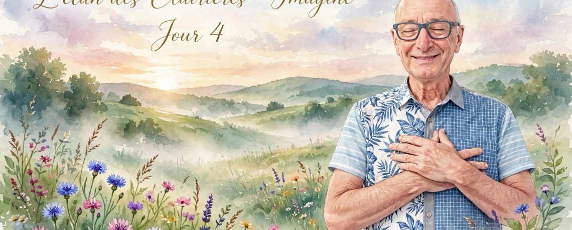 Homme souriant les yeux fermés, les mains sur le cœur, dans une prairie fleurie au lever du soleil. Illustration aquarelle pour le rituel du matin Jour 4 de L'élan des Clairières - Imagine, par les Arbres du Bonheur.