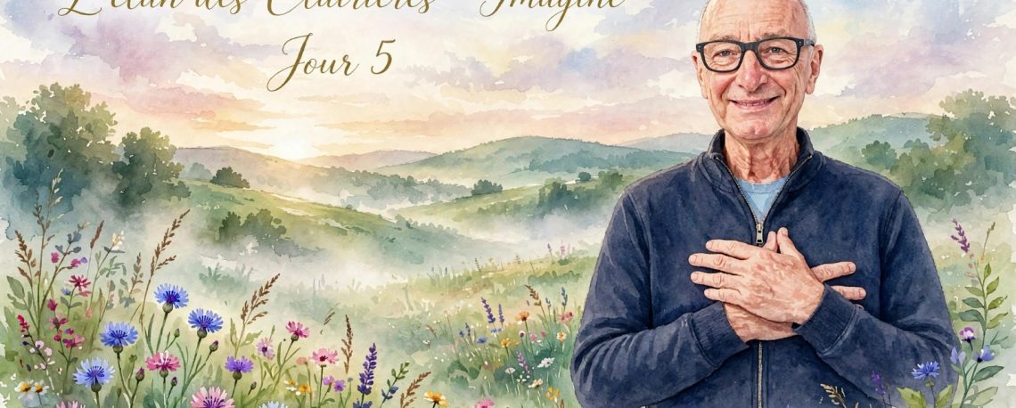 Maxime - L'élan des Clairières Imagine Jour 5 - Rituel du matin avec les mains sur le coeur dans une clairière fleurie au lever du soleil - Arbres du Bonheur