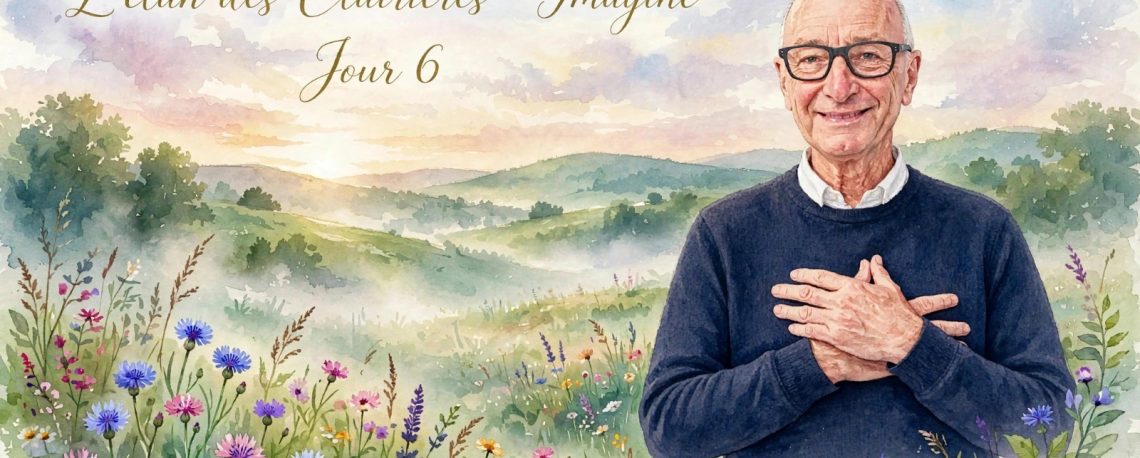 Homme souriant en pull bleu marine avec col chemise blanche, mains sur le cœur dans une prairie fleurie aquarelle - L'élan des Clairières Imagine Jour 6 - Je m'apaise avec la Nature - Arbres du Bonheur