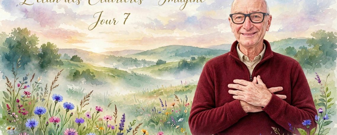 L'élan des Clairières Jour 7 - Homme en polaire rouge les mains sur le cœur dans une clairière fleurie aquarelle
