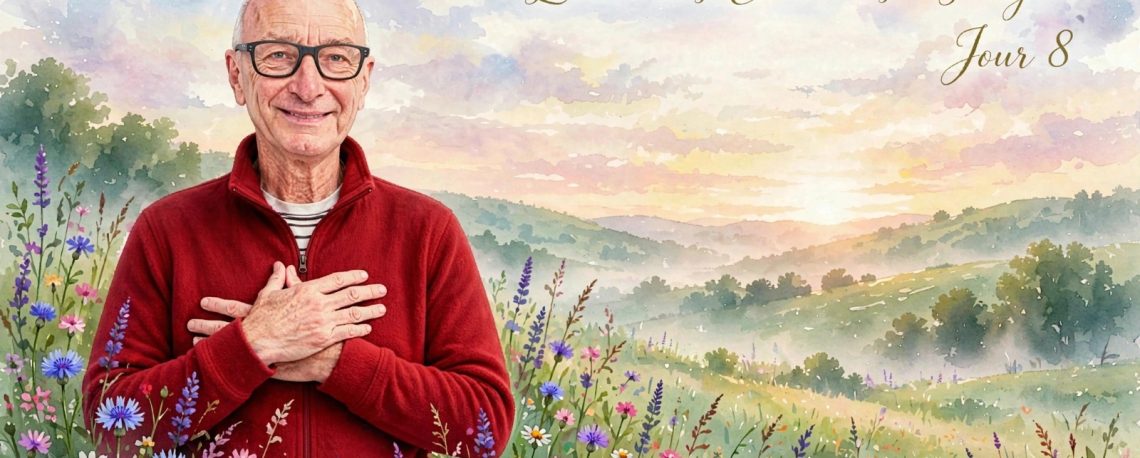Homme souriant en polaire rouge les mains croisées sur le coeur au milieu d'une prairie fleurie en aquarelle au lever du soleil - L'élan des Clairières Jour 8 - Arbres du Bonheur