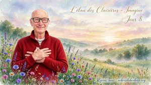 Homme souriant en polaire rouge les mains croisées sur le coeur au milieu d'une prairie fleurie en aquarelle au lever du soleil - L'élan des Clairières Jour 8 - Arbres du Bonheur