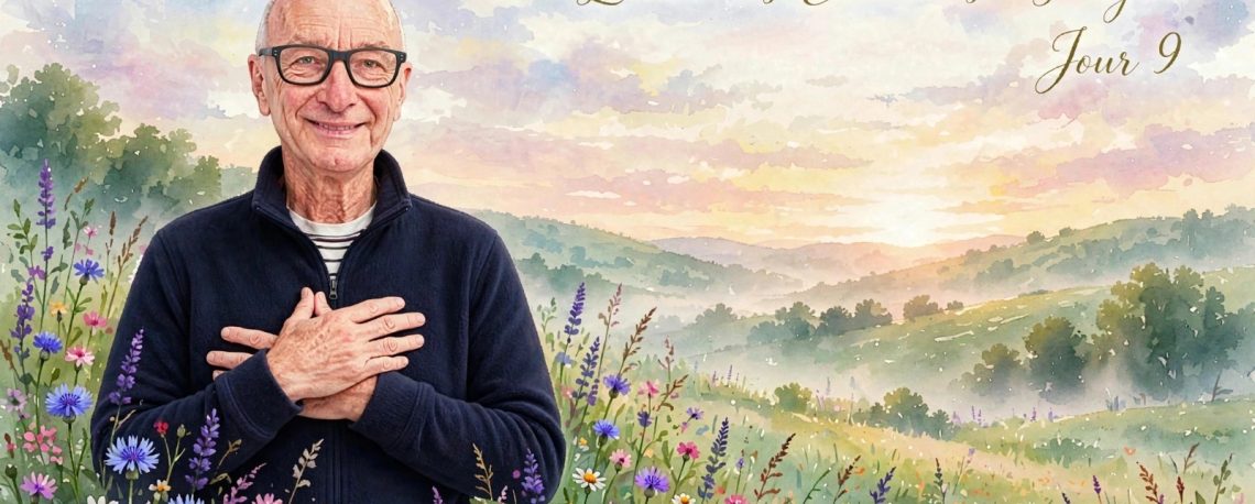 Homme âgé souriant les mains sur le coeur en polaire bleu marine dans une prairie fleurie aquarelle au lever du soleil - L'élan des Clairières Imagine Jour 9 - Rejoins-nous arbresdubonheur.org