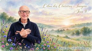 Homme âgé souriant les mains sur le coeur en polaire bleu marine dans une prairie fleurie aquarelle au lever du soleil - L'élan des Clairières Imagine Jour 9 - Rejoins-nous arbresdubonheur.org
