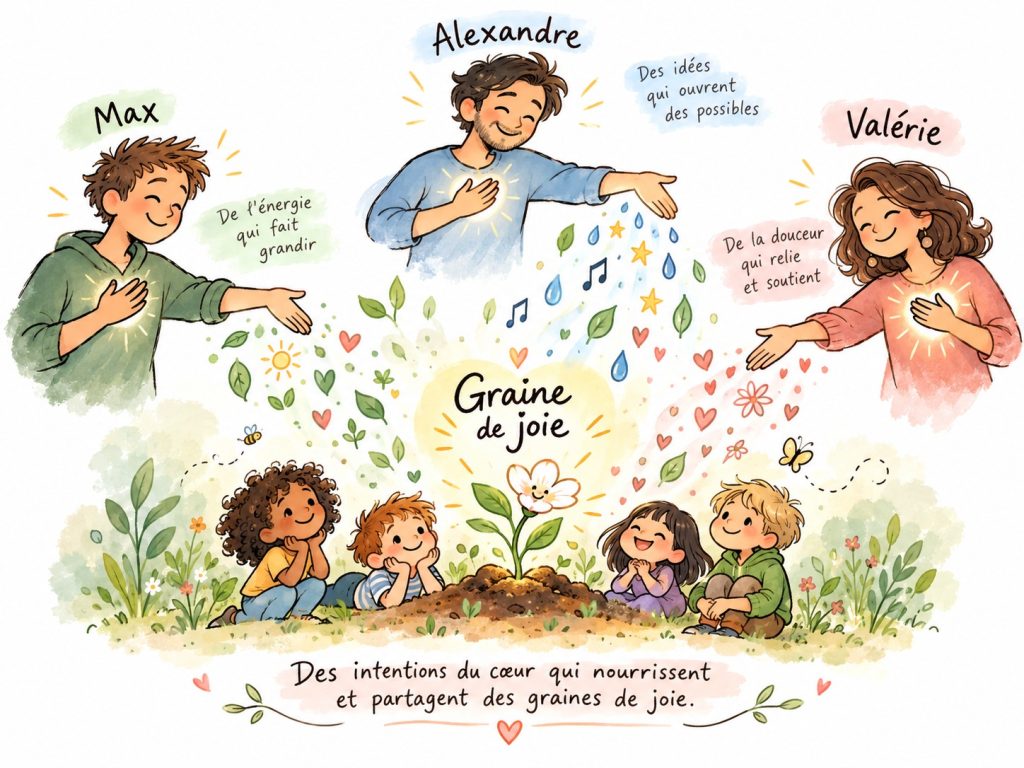 Illustration poétique d'une clairière illuminée avec une petite graine de joie qui pousse, entourée de lumière douce et d'étoiles, univers des Arbres du Bonheur