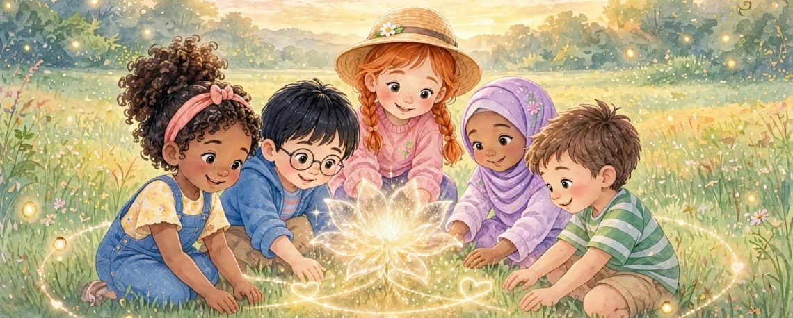 Cinq enfants diversifiés assis en cercle dans une prairie fleurie observant une fleur de lumière magique qui symbolise la joie et l'intelligence émotionnelle