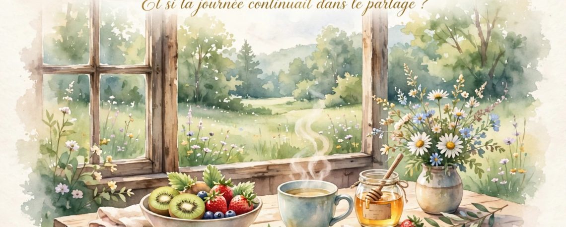 Rituel du deuxième repas Arbres du Bonheur, table en bois avec bol fruits kiwi fraises myrtilles, tisane fumante, pot miel et bouquet marguerites devant fenêtre ouverte sur prairie ensoleillée