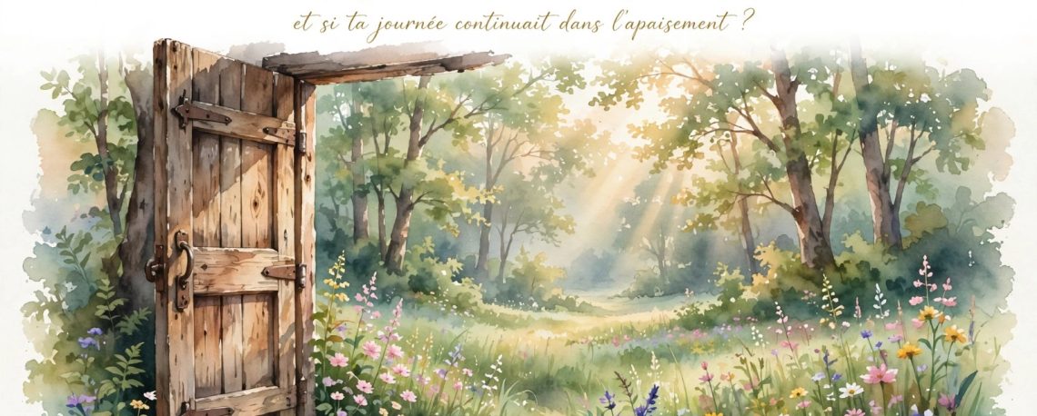 Rituel du matin des Arbres du Bonheur, porte en bois ouverte sur une clairière lumineuse au soleil levant, chemin de fleurs et forêt apaisante