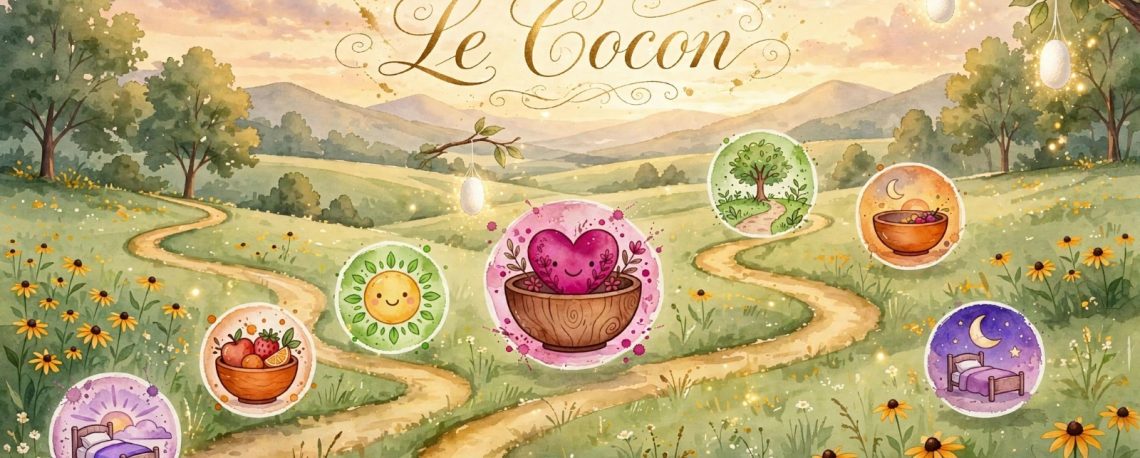 Illustration aquarelle TA Semaine Type 2 Le Cocon des Arbres du Bonheur - chemin fleuri avec 7 icônes de rituels quotidiens et 3 cocons blancs lumineux suspendus aux branches, ambiance douce et enveloppante pour approfondir les rituels
